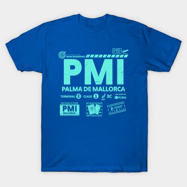 Vintage Palma de Mallorca PMI Airport Code Travel Day Retro Travel Tag T-Shirt by Now Boarding